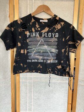 Womens Pink Floyd Dark Side Of The Moon Crop Distressed Cotton T-Shirt S/M